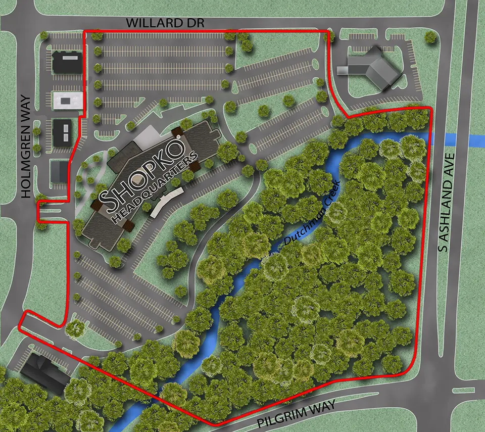 property outline showing greenery, lots, and buildings
