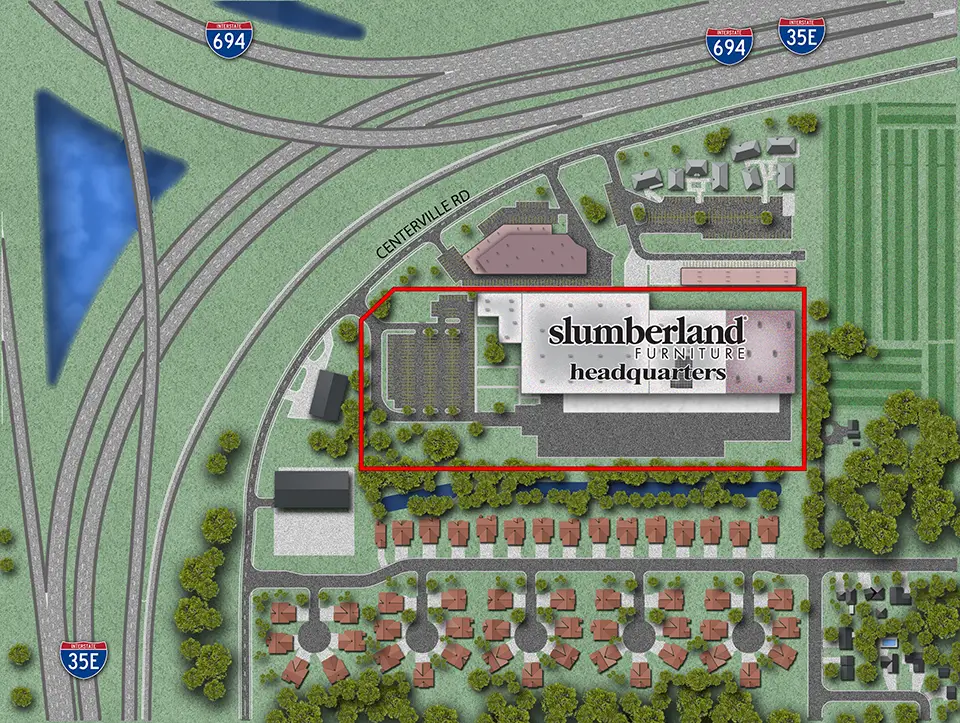 site plan highlighted near houses and freeway intersection