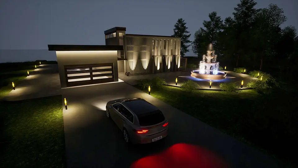 front of house at night with garage and fountain
