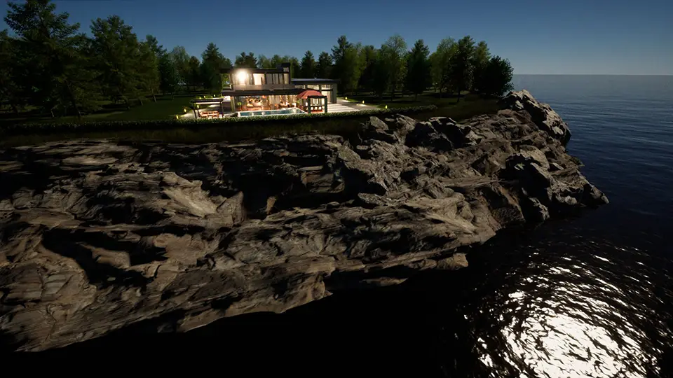 night view of cliff side home