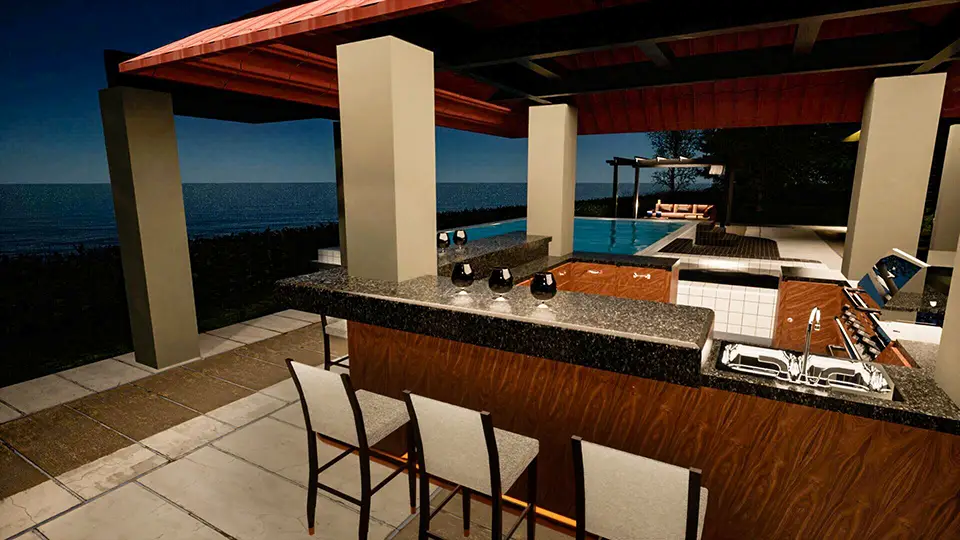 outdoor kitchen and pool rendering