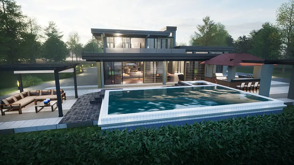 rendering of cliff side home, backyard view