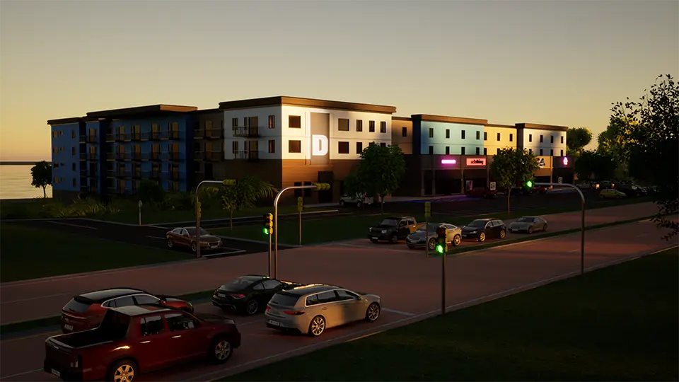 street level rendering of ocean view apartment building
