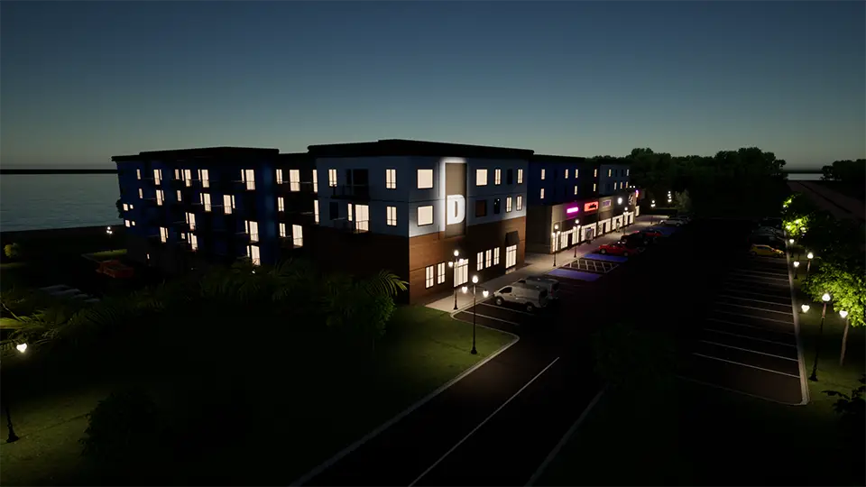 night view rendering of condo building