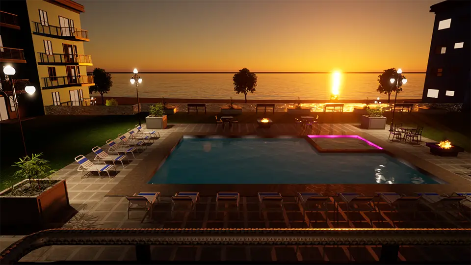 pool view rendering at ocean view condo building