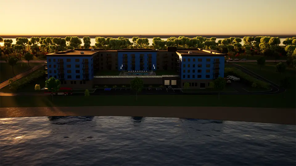 ocean side view of apartment building