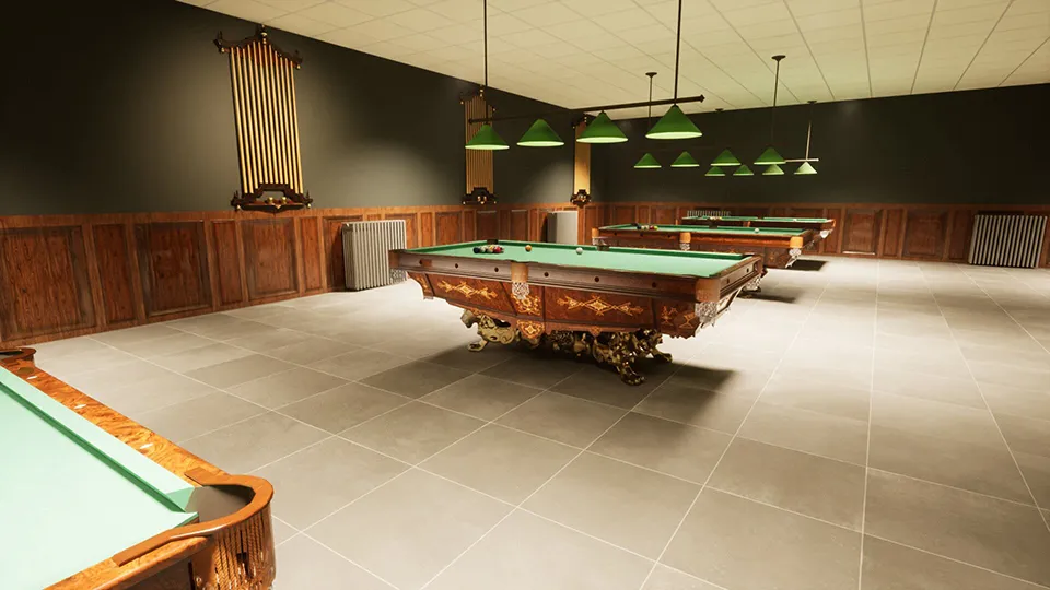 four monarch tables lined up in pool hall