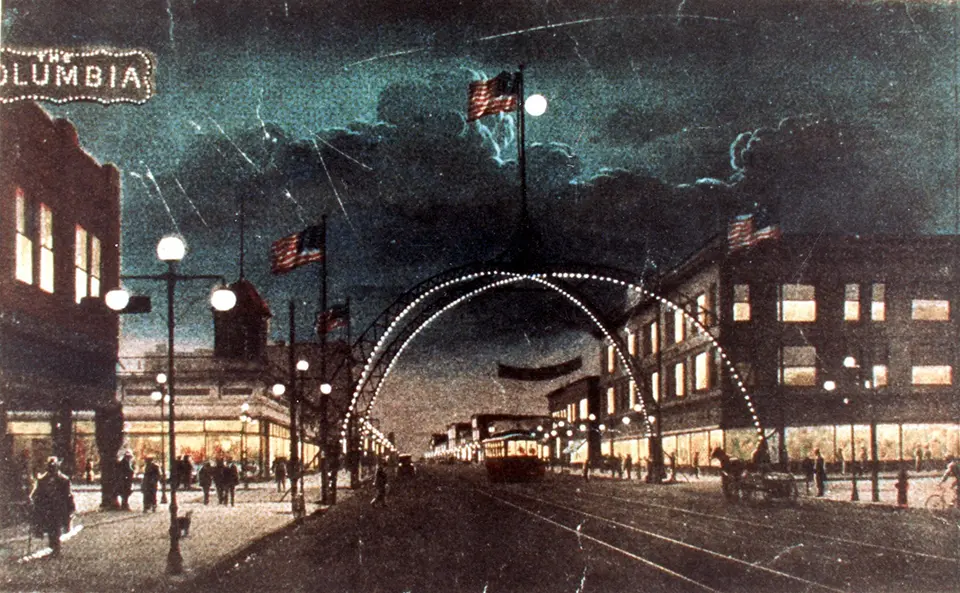 vintage painting of arch structure at night circa 1900