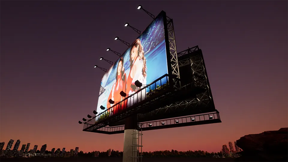 view up at two sided billboard at night