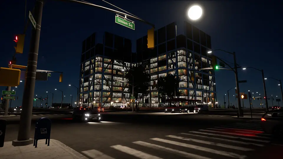 office building rendering under moon street view