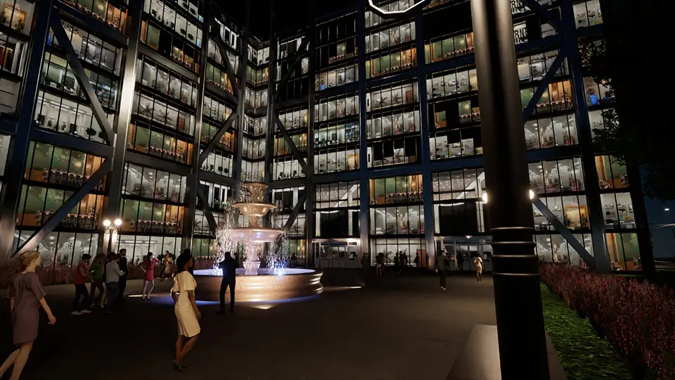 office building courtyard rendering at night