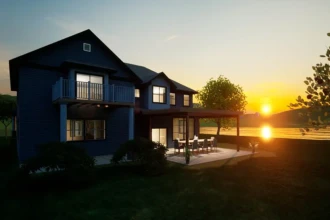 rendering of sunset over lake