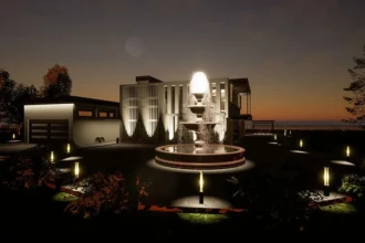 fountain view at night with moon