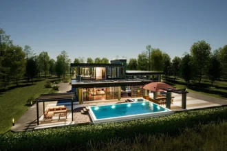 daytime rendering back yard pool