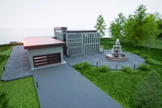front of house, garage, and fountain