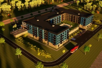 aerial view rendering of ocean side apartment building