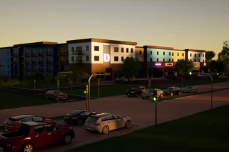 street level rendering of ocean view apartment building