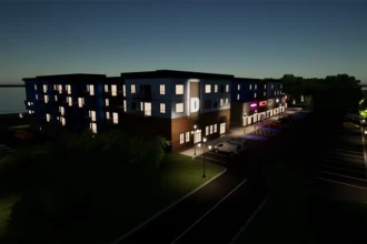 night view rendering of condo building