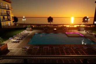 pool view rendering at ocean view condo builsing