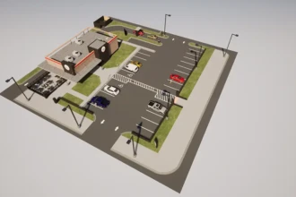 aerial view of fast food restaurant and parking area