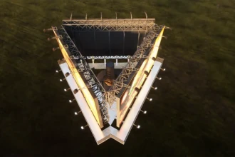 top view of three sided highway billboard structure