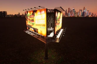 three sided highway billboard at night