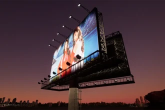 view up at two sided billboard at night