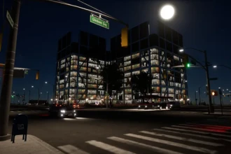 office building rendering under moon street view