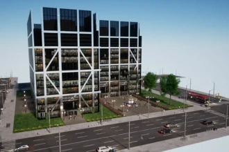 office building front view mid day