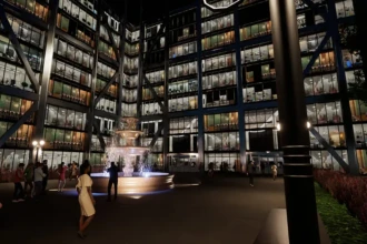 office building courtyard rendering at night