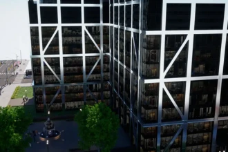 office building courtyard in shadows