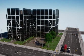 office building morning view rendering