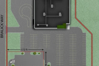 graphic of retail store parking lot with restaurant