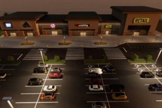 shopping center view over parking lot