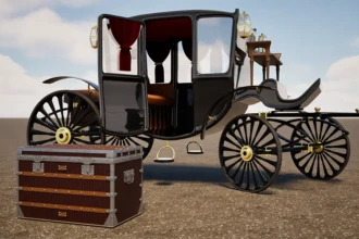 steamer trunk in front of carriage