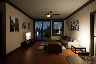 rendering of family room in evening light