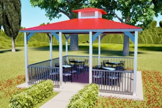 gazebo with steel railings and roof gussets