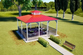 view of metal gazebo with surrounding park